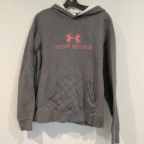 Under Armor Gray Sweatshirt with Criss-Cross Patterned Pocket & Pink Logo Size M - Picture 1 of 2